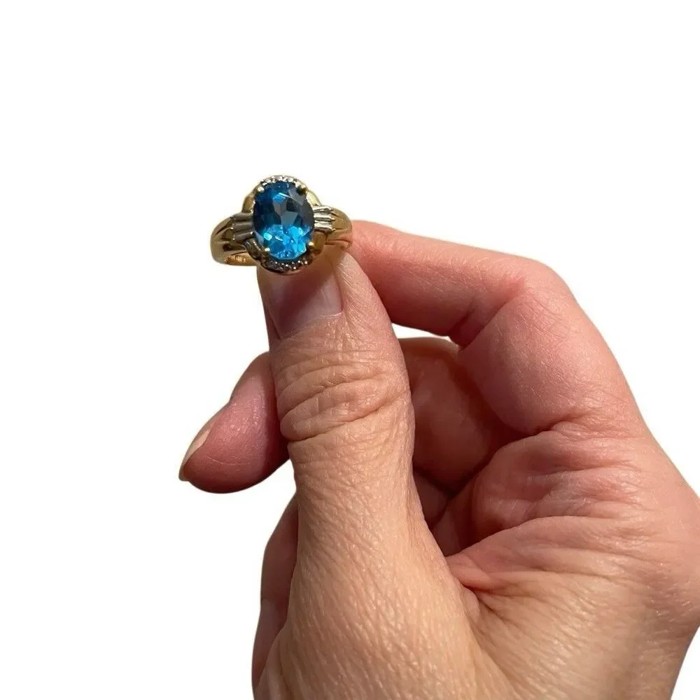 Vintage 10K Yellow Gold  3 C‎ Oval Blue Topaz & Diamond Art Deco Ring  Size 7.5
